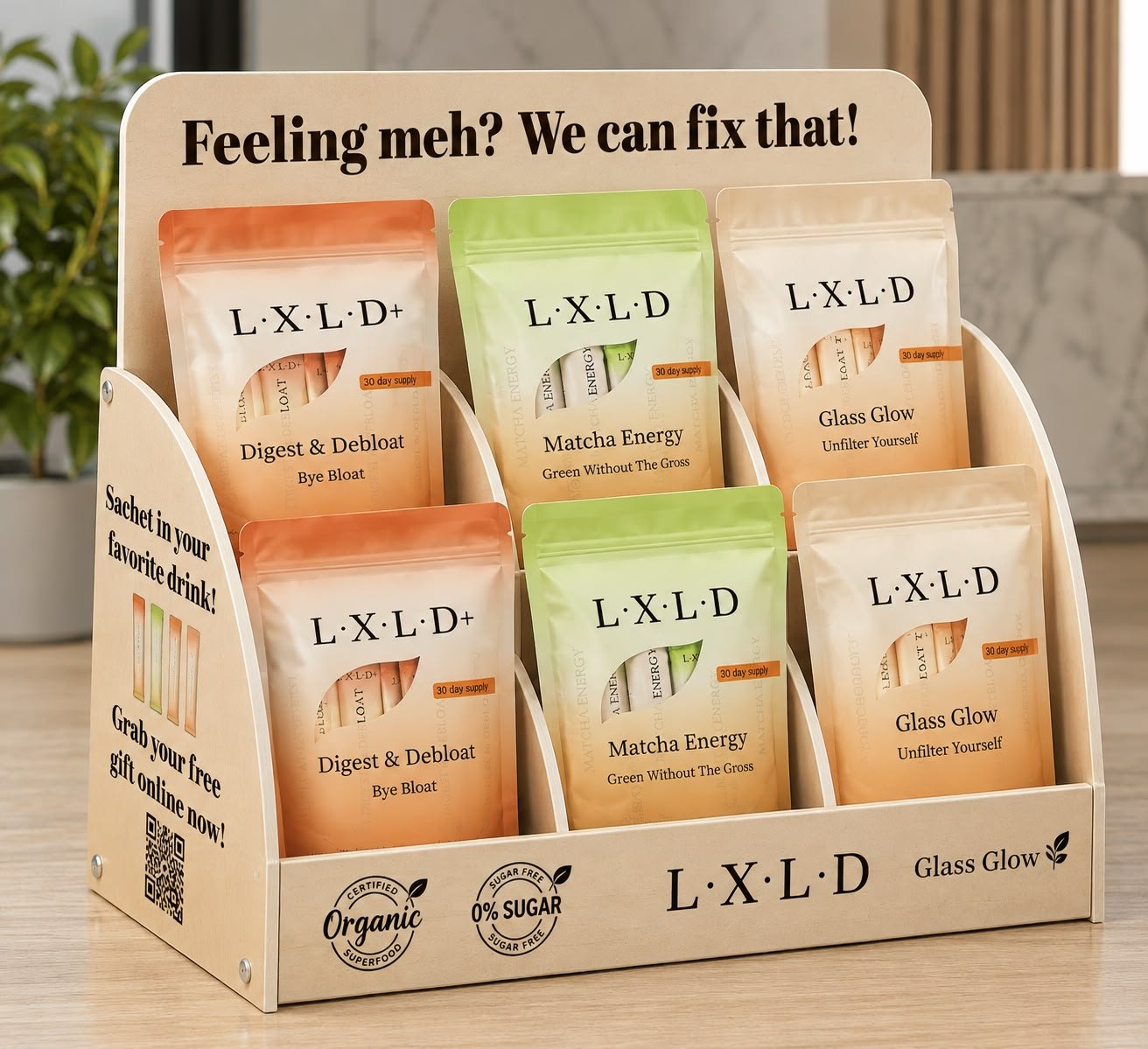 LXLD B2B display with Digest & Debloat, Matcha Energy and Glass Glow pouches